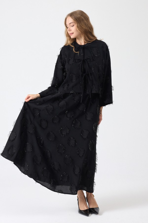 Püskül Detaylı Etek Bluz Takım - Siyah