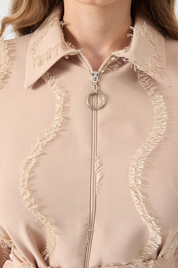 Püskül Detaylı Fermuarlı Takım - Bej