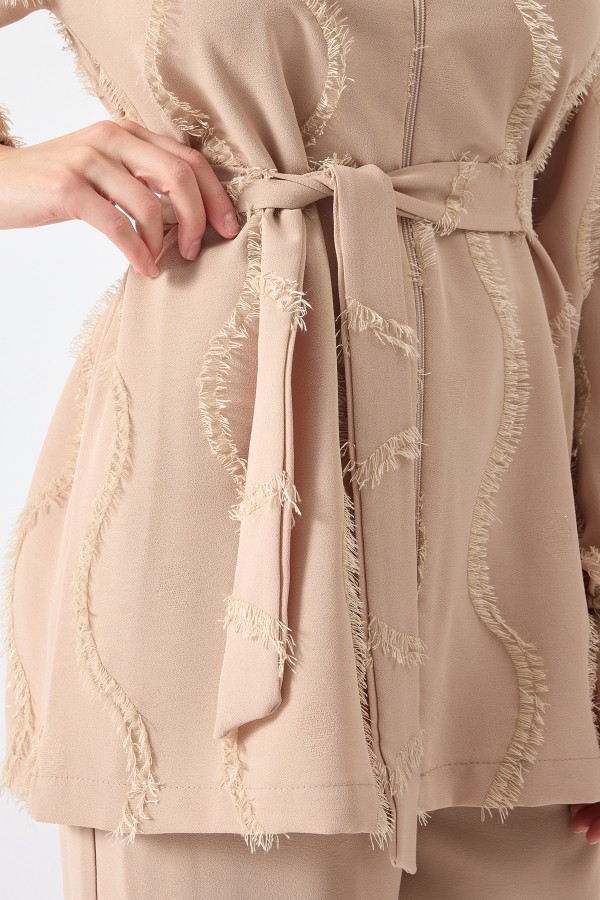 Püskül Detaylı Fermuarlı Takım - Bej