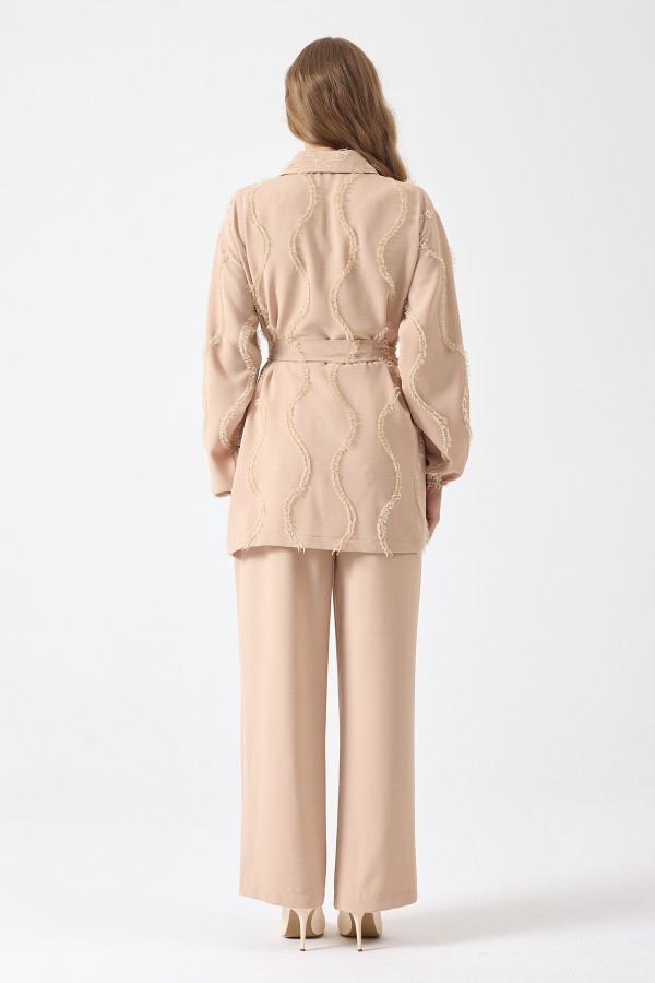 Püskül Detaylı Fermuarlı Takım - Bej