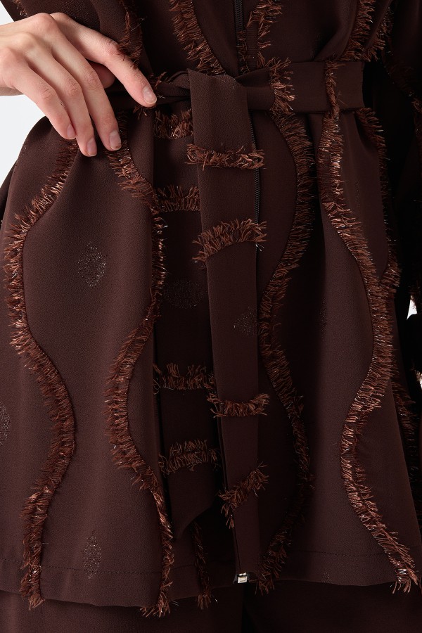 Püskül Detaylı Fermuarlı Takım - Kahve