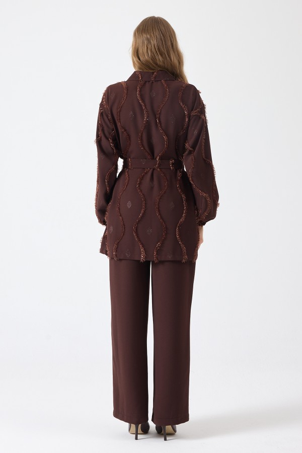 Püskül Detaylı Fermuarlı Takım - Kahve