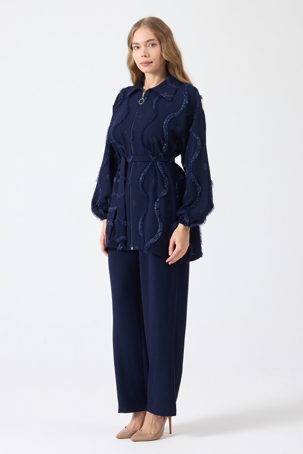 Püskül Detaylı Fermuarlı Takım - Lacivert