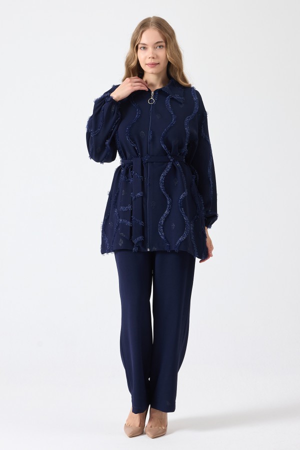 Püskül Detaylı Fermuarlı Takım - Lacivert