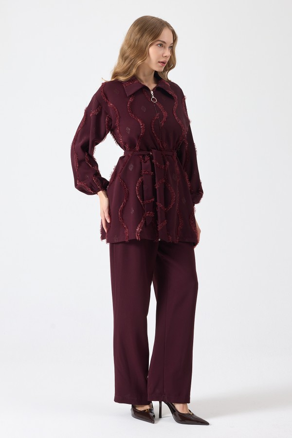 Püskül Detaylı Fermuarlı Takım - Mürdüm