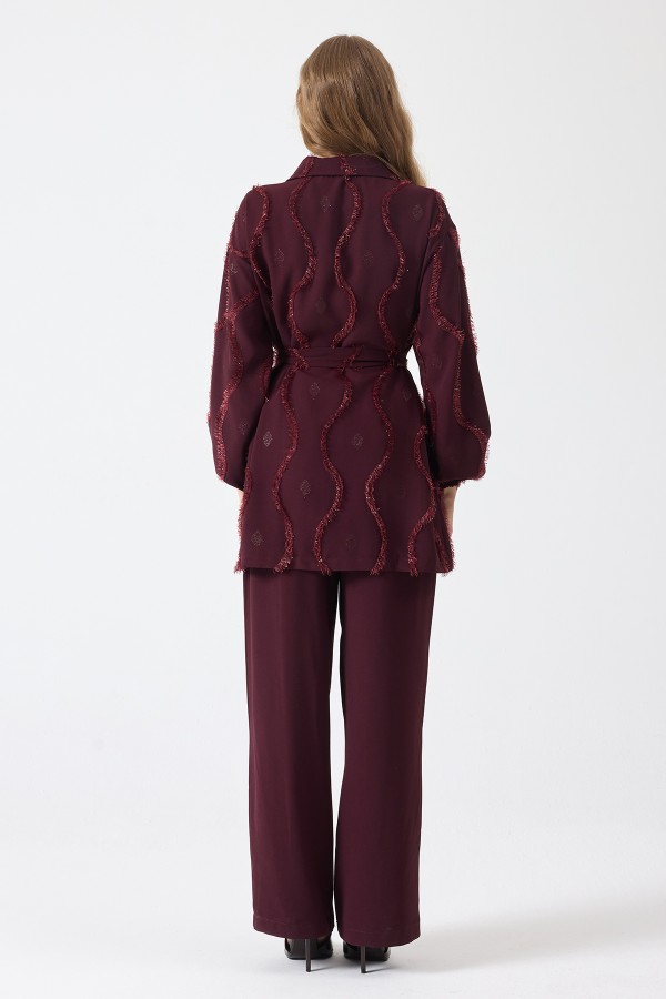 Püskül Detaylı Fermuarlı Takım - Mürdüm