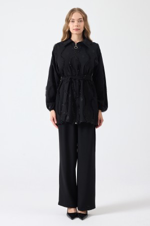 Püskül Detaylı Fermuarlı Takım - Siyah