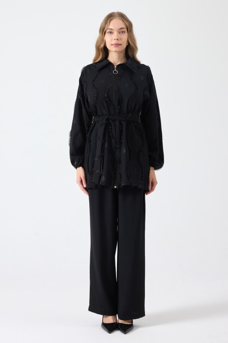 Tassel Detail Zipper Set - Black