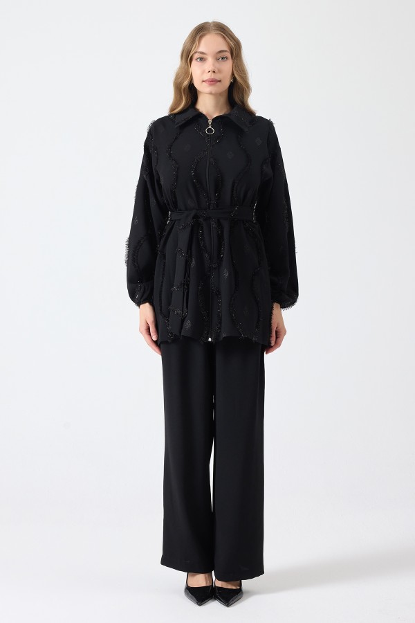 Püskül Detaylı Fermuarlı Takım - Siyah