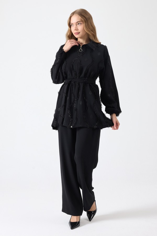 Püskül Detaylı Fermuarlı Takım - Siyah