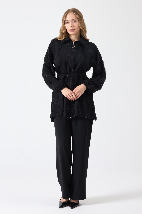 Püskül Detaylı Fermuarlı Takım - Siyah