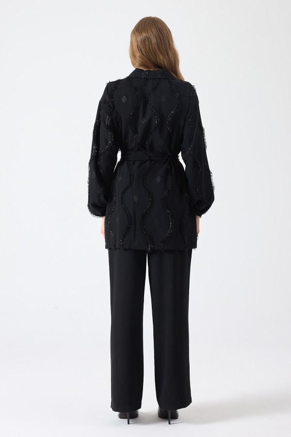 Püskül Detaylı Fermuarlı Takım - Siyah