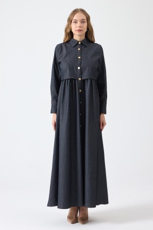 Önü Düğmeli Denim Elbise - Gri