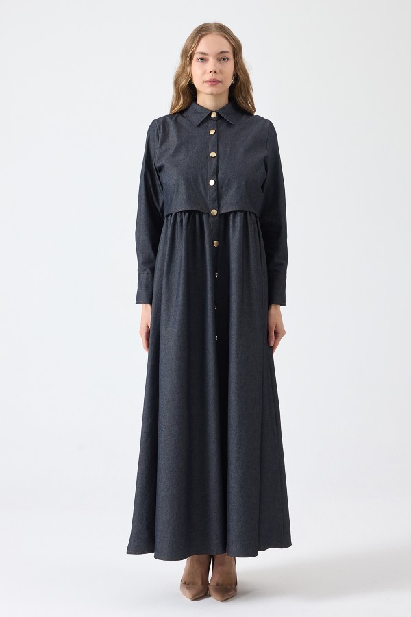 Önü Düğmeli Denim Elbise - Gri