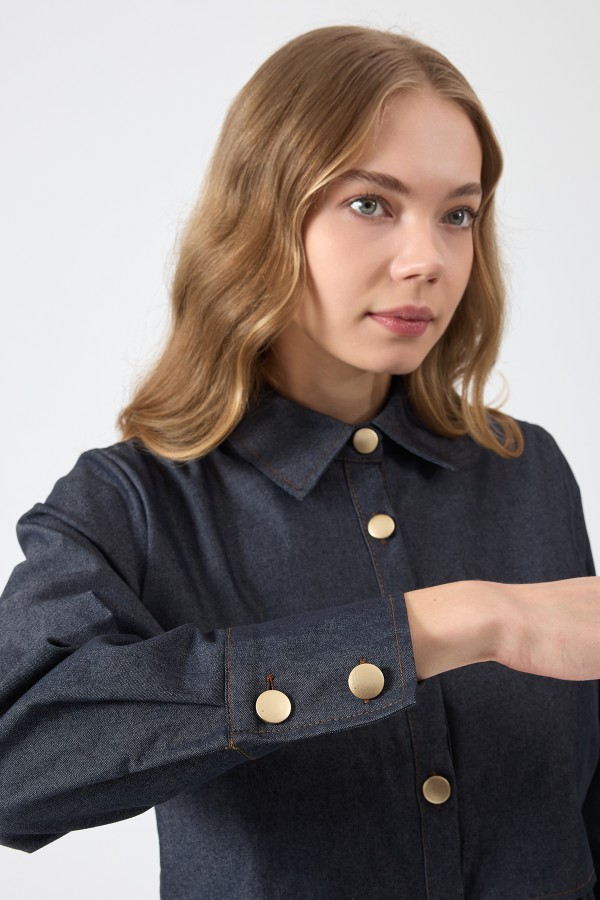 Önü Düğmeli Denim Elbise - Gri