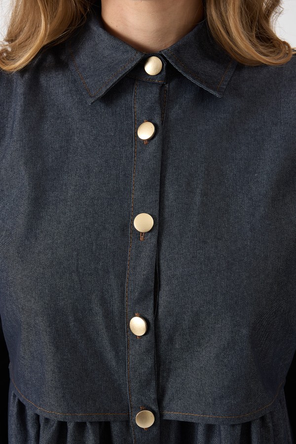 Önü Düğmeli Denim Elbise - Gri