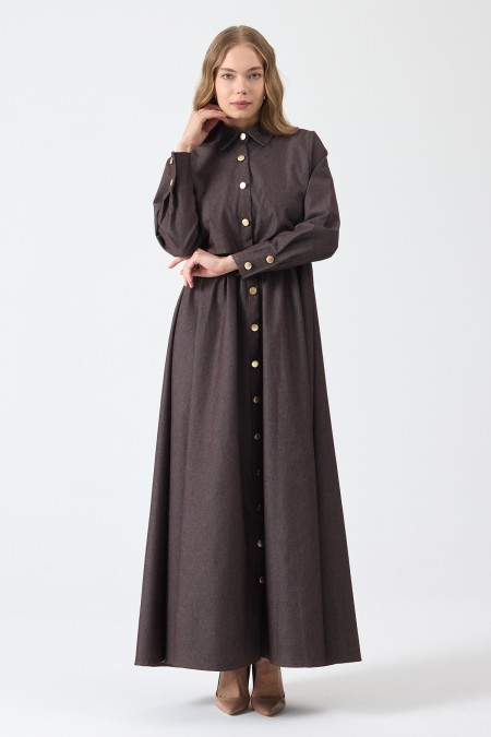 Button-Front Denim Dress - Brown