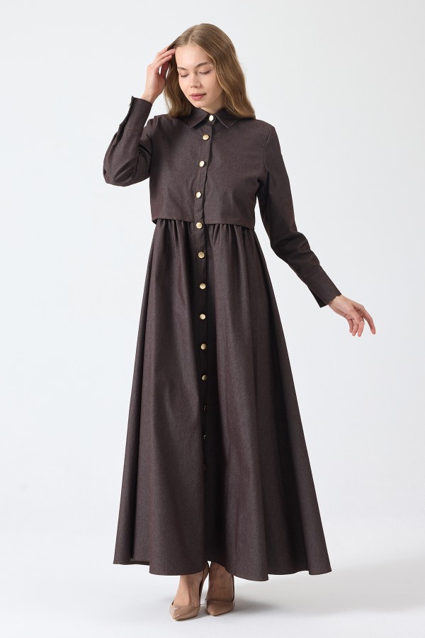 Önü Düğmeli Denim Elbise - Kahve