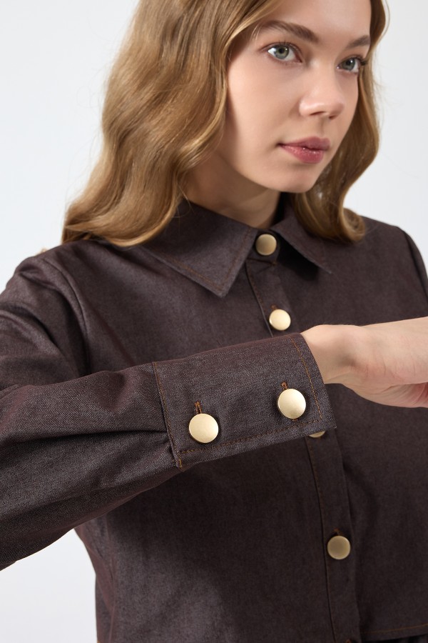 Önü Düğmeli Denim Elbise - Kahve