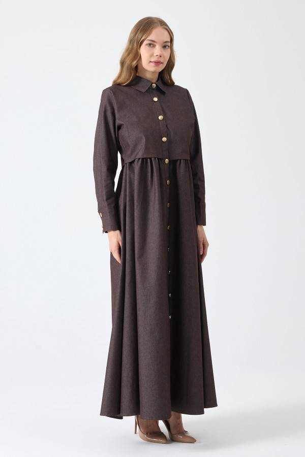 Önü Düğmeli Denim Elbise - Kahve