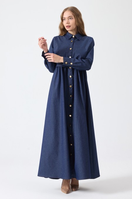 Button-Front Denim Dress - Blue