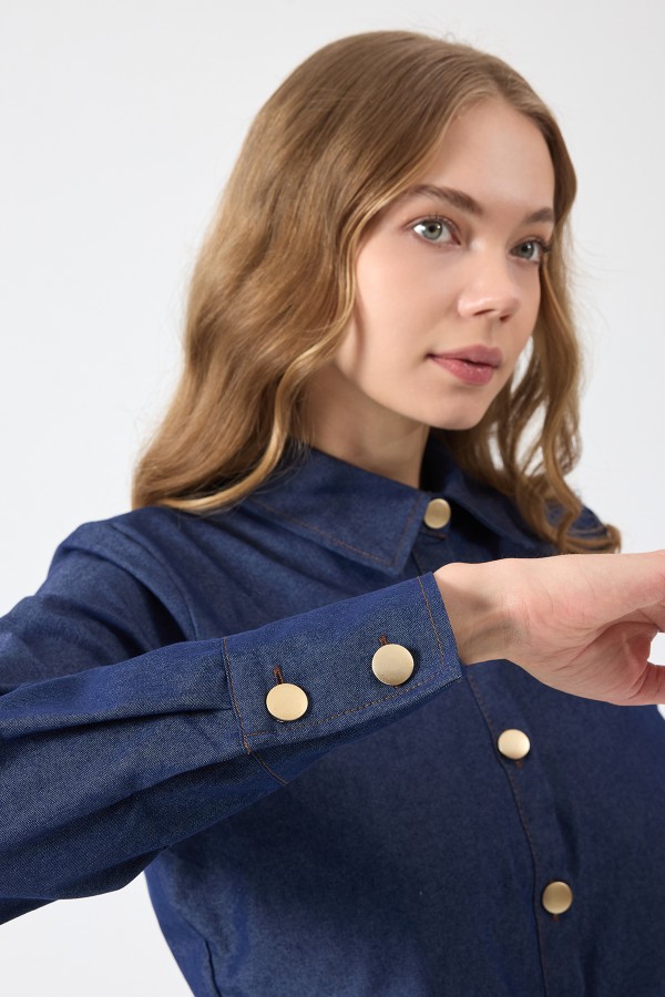 Önü Düğmeli Denim Elbise - Mavi