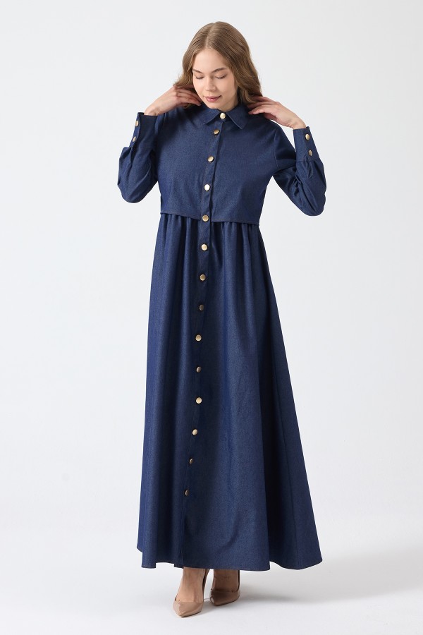 Önü Düğmeli Denim Elbise - Mavi