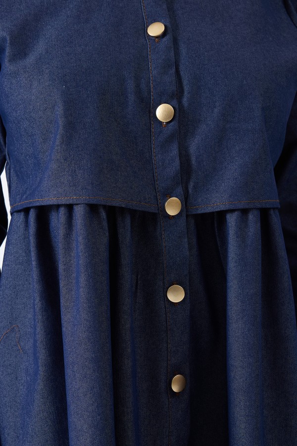 Önü Düğmeli Denim Elbise - Mavi