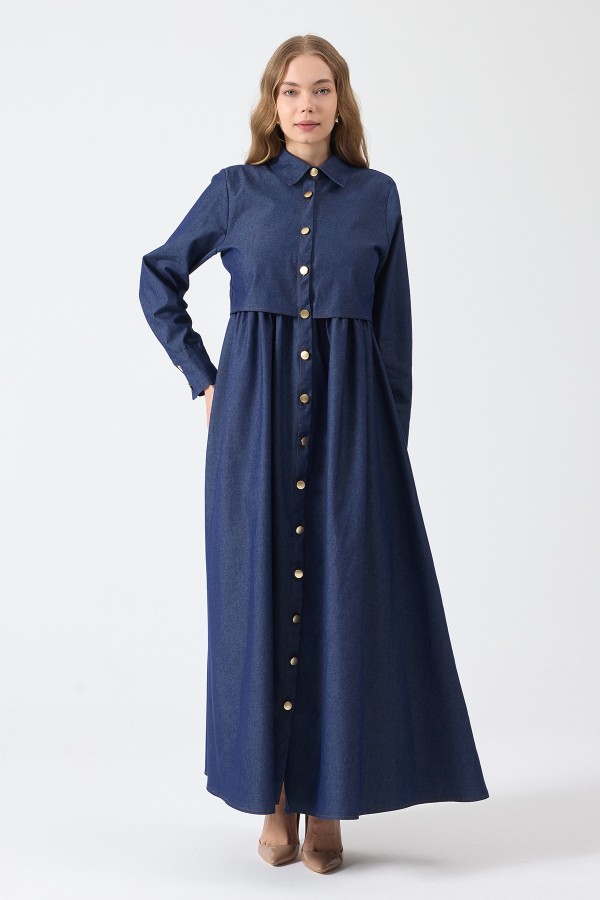 Önü Düğmeli Denim Elbise - Mavi