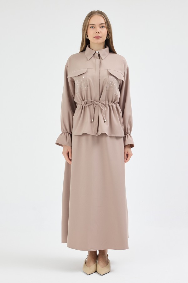 Maya Beli Bağcıklı Etekli Takım - Bej