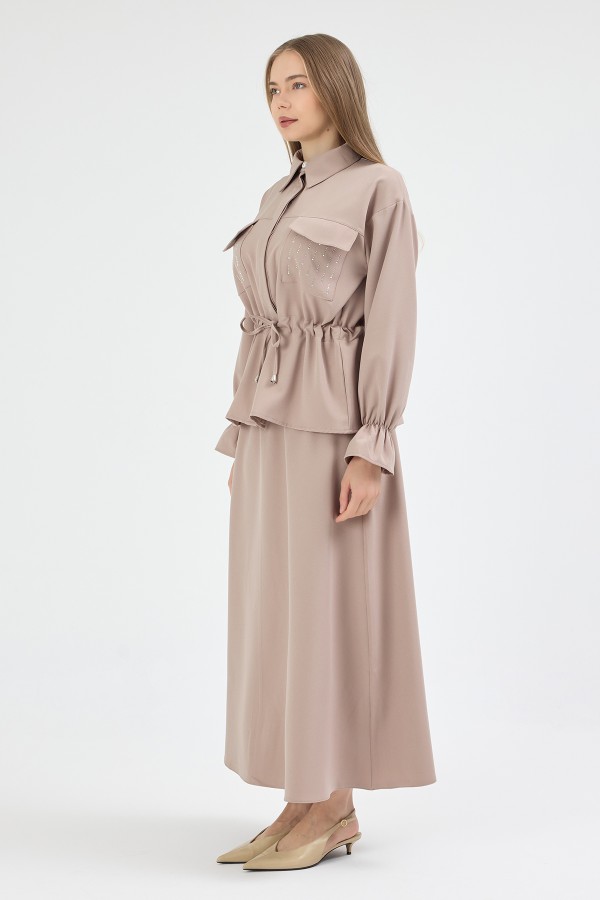 Maya Beli Bağcıklı Etekli Takım - Bej