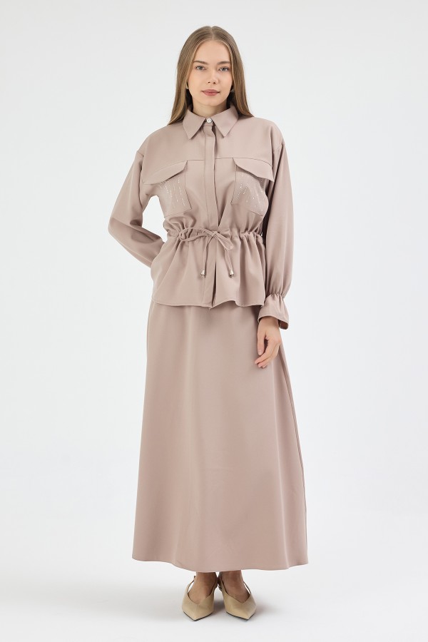 Maya Beli Bağcıklı Etekli Takım - Bej