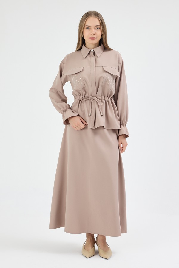 Maya Beli Bağcıklı Etekli Takım - Bej