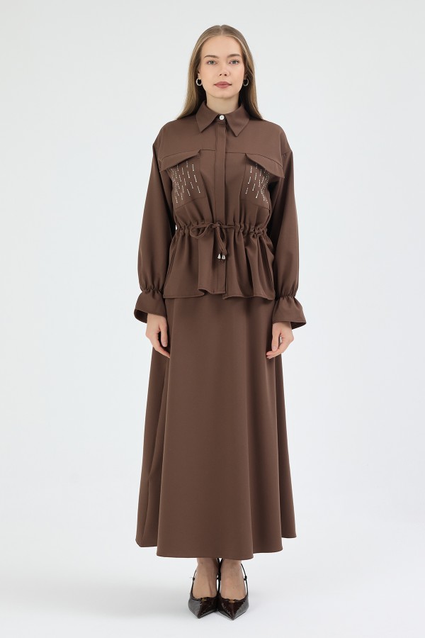 Maya Beli Bağcıklı Etekli Takım - Kahve