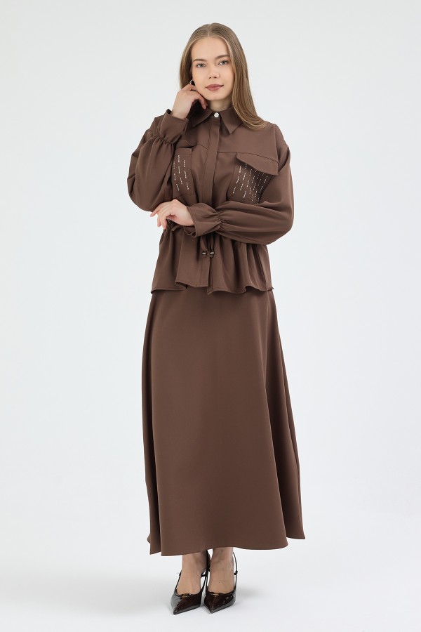 Maya Beli Bağcıklı Etekli Takım - Kahve