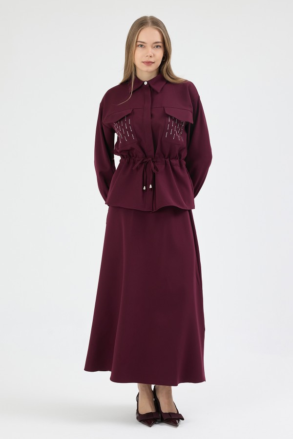 Maya Beli Bağcıklı Etekli Takım - Mürdüm