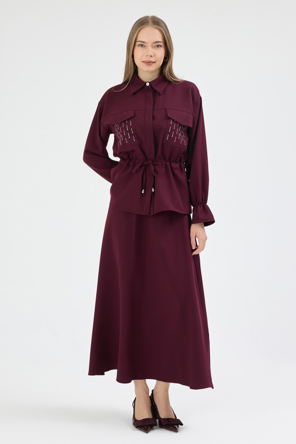 Maya Beli Bağcıklı Etekli Takım - Mürdüm