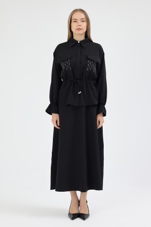 Maya Beli Bağcıklı Etekli Takım - Siyah