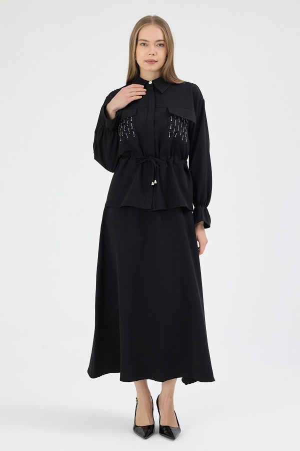 Maya Beli Bağcıklı Etekli Takım - Siyah