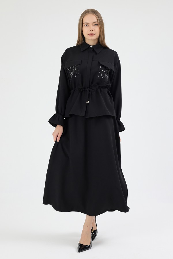 Maya Beli Bağcıklı Etekli Takım - Siyah