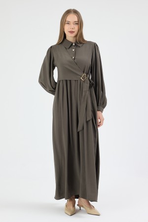 Kruvaze Bağlamalı Elbise - Haki
