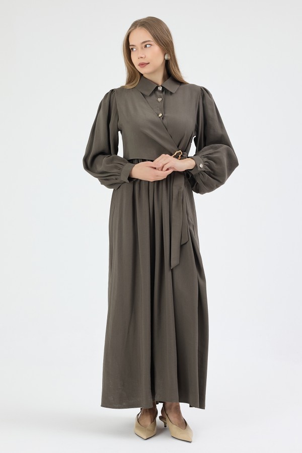 Kruvaze Bağlamalı Elbise - Haki