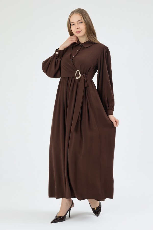 Kruvaze Bağlamalı Elbise - Kahve
