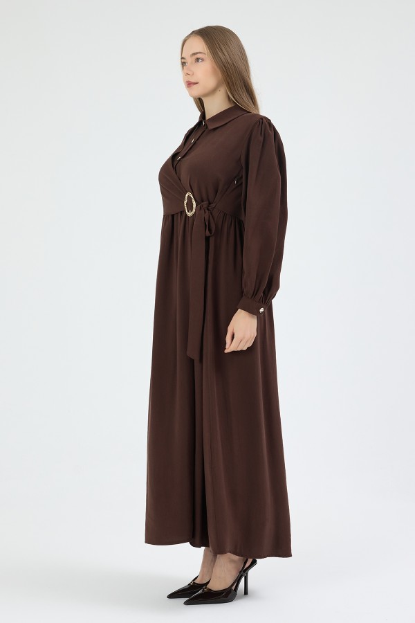 Kruvaze Bağlamalı Elbise - Kahve