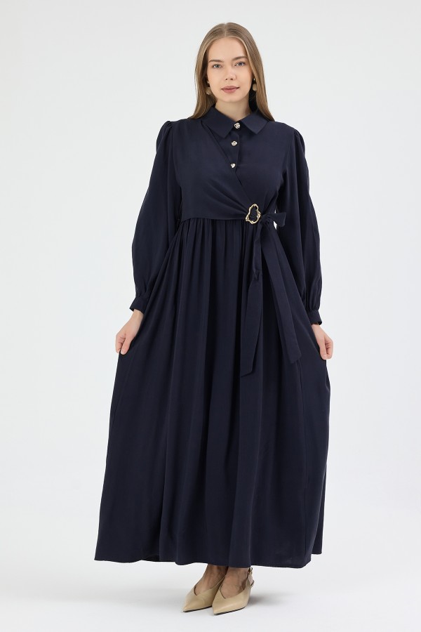 Kruvaze Bağlamalı Elbise - Lacivert