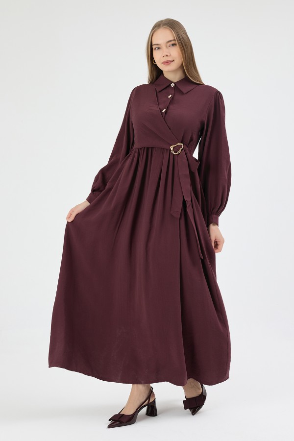 Kruvaze Bağlamalı Elbise - Mürdüm