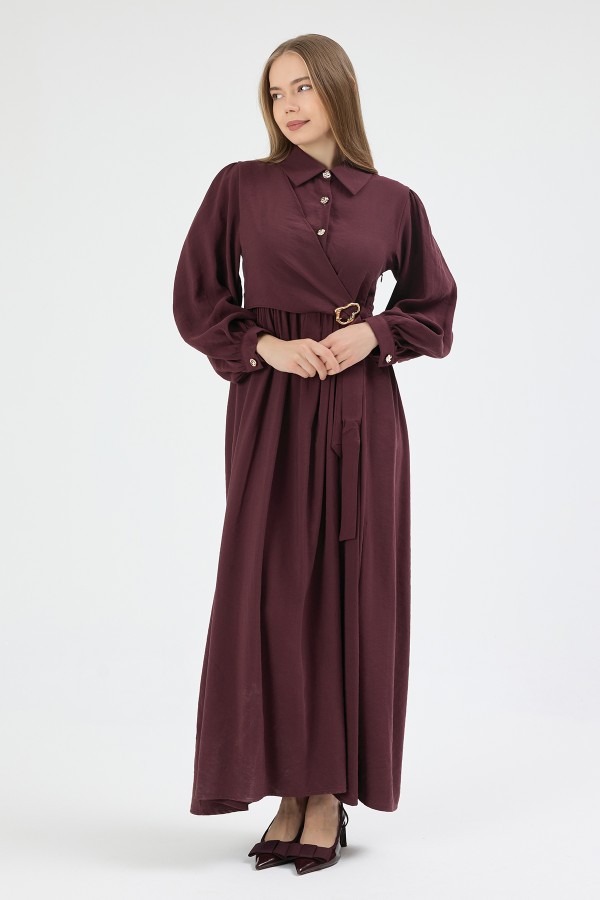 Kruvaze Bağlamalı Elbise - Mürdüm