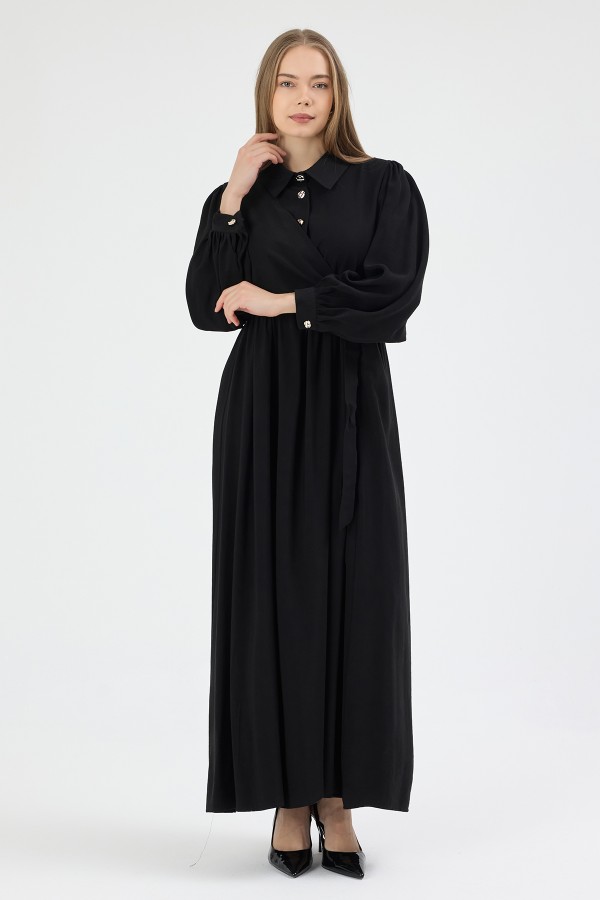 Kruvaze Bağlamalı Elbise - Siyah