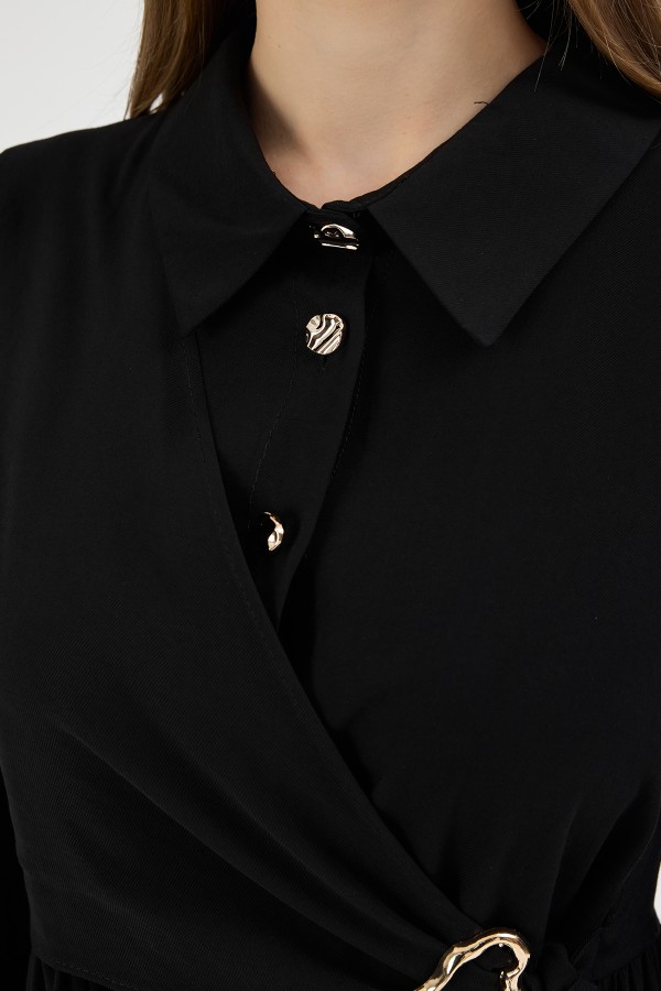 Kruvaze Bağlamalı Elbise - Siyah