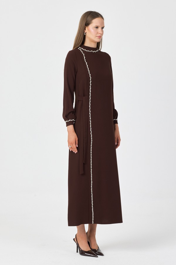 Mira Taş Şeritli Elbise - Kahve